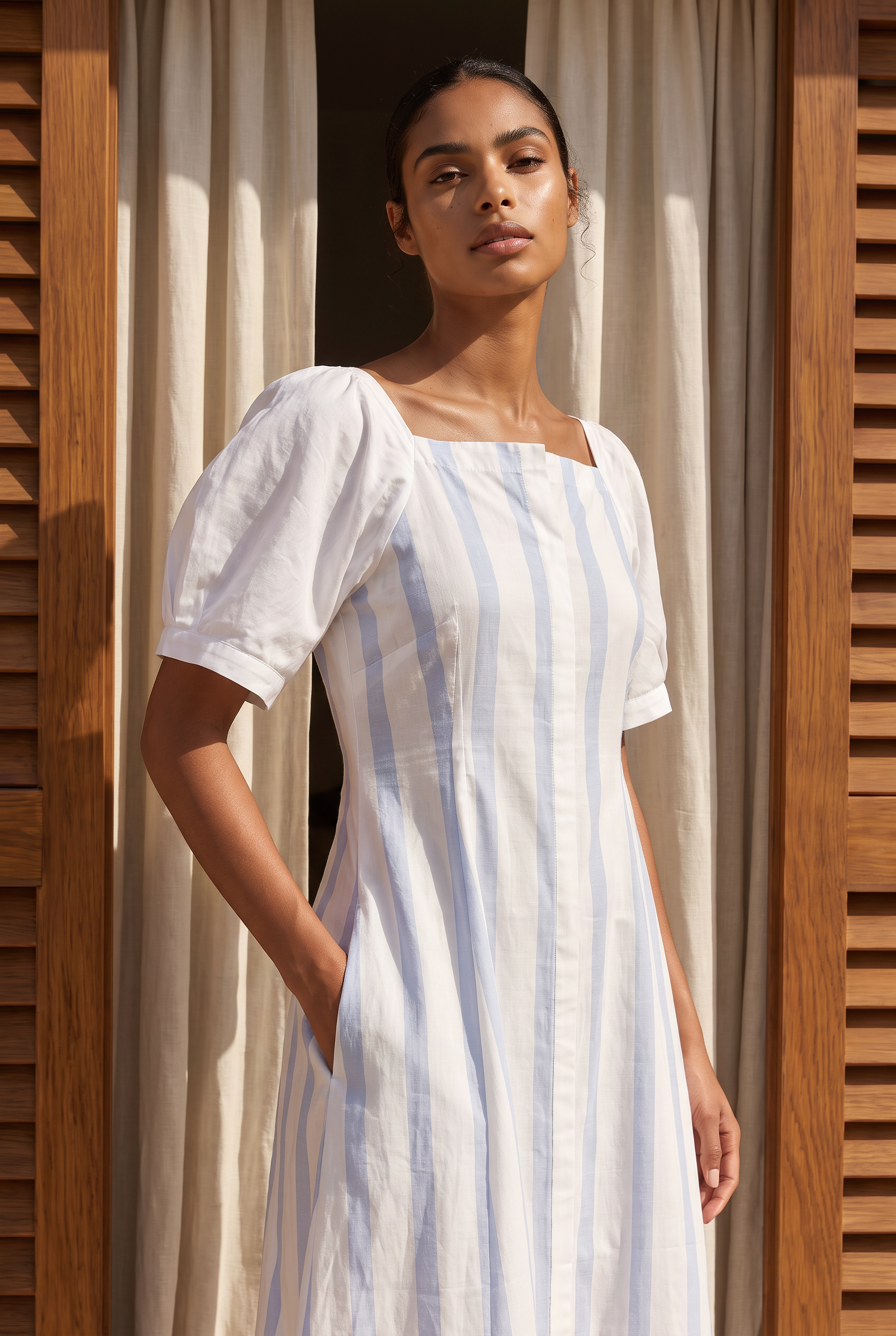 Blue Stripe Puff Sleeve Midi Dress