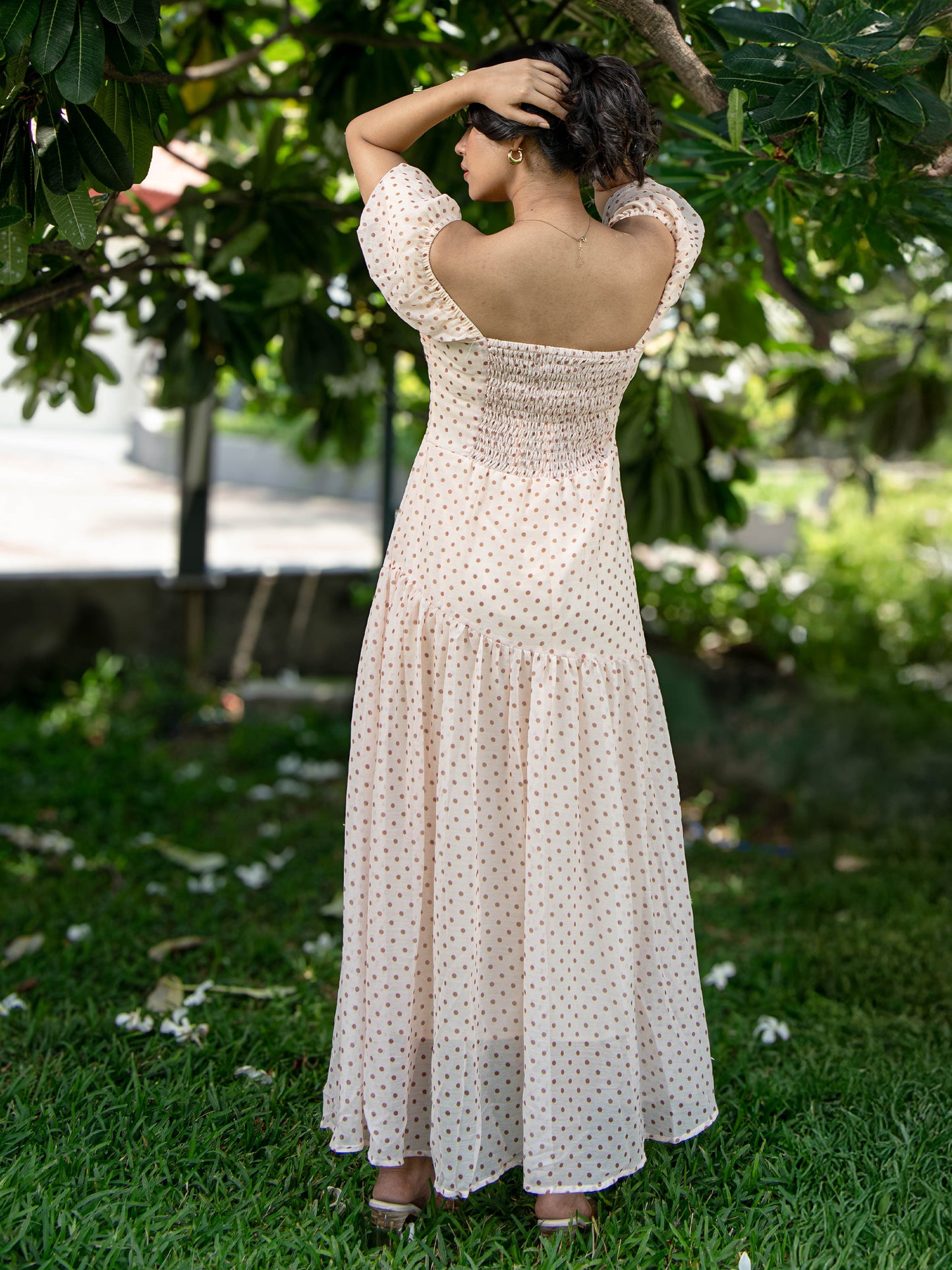 Dotty Chiffon half-shoulder Dress