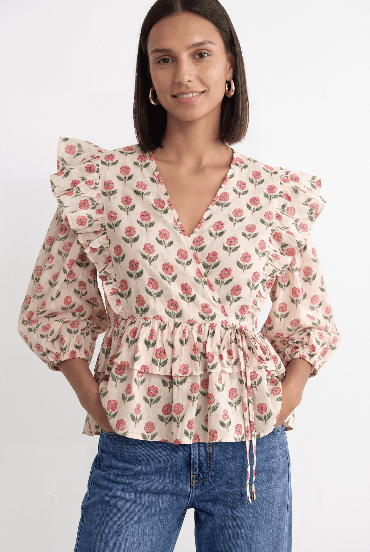 Cotton Ruffle Shoulder Peplum Top