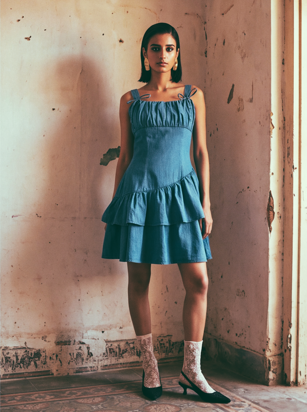 Denim Bow Tiered Mini Dress