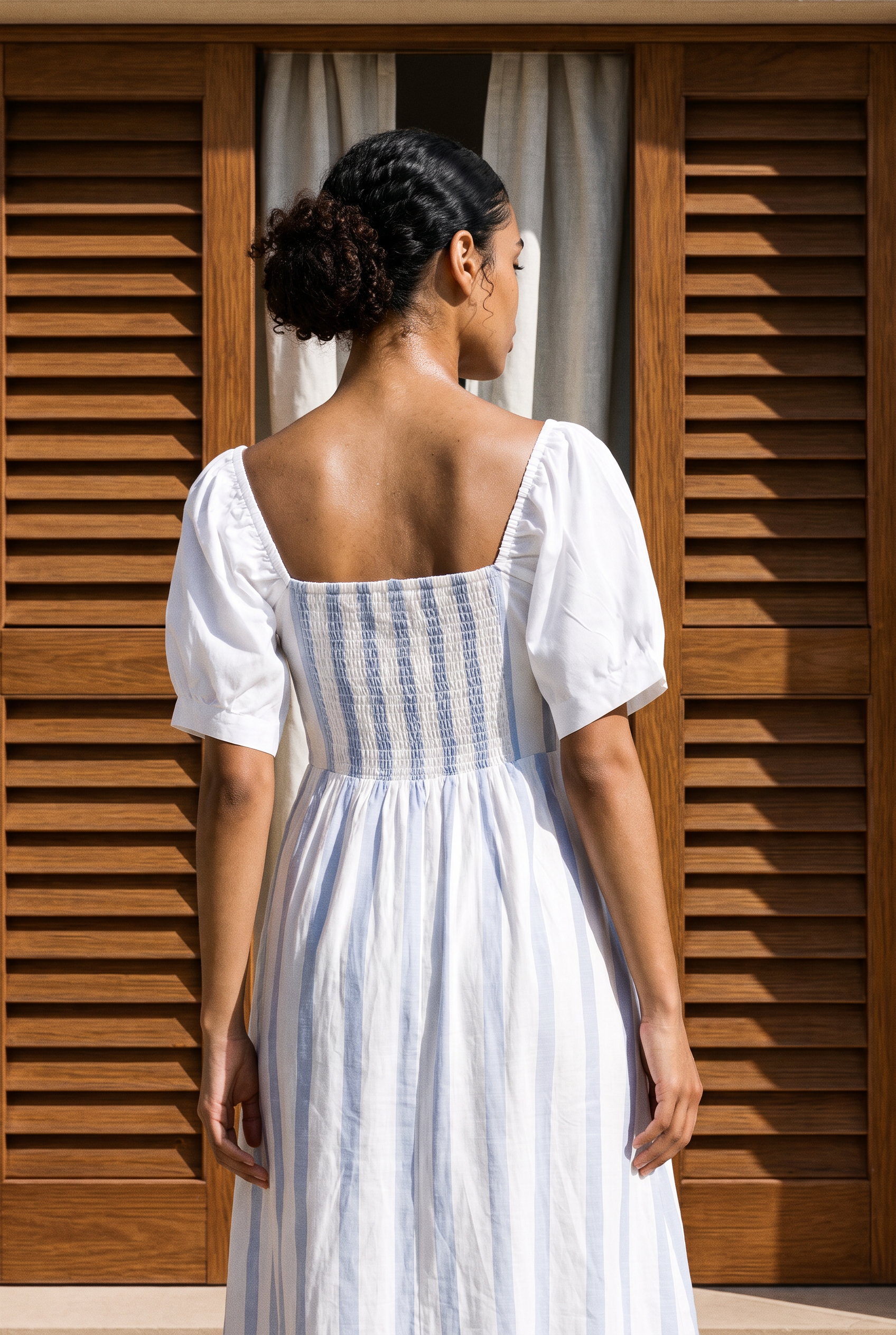Blue Stripe Puff Sleeve Midi Dress
