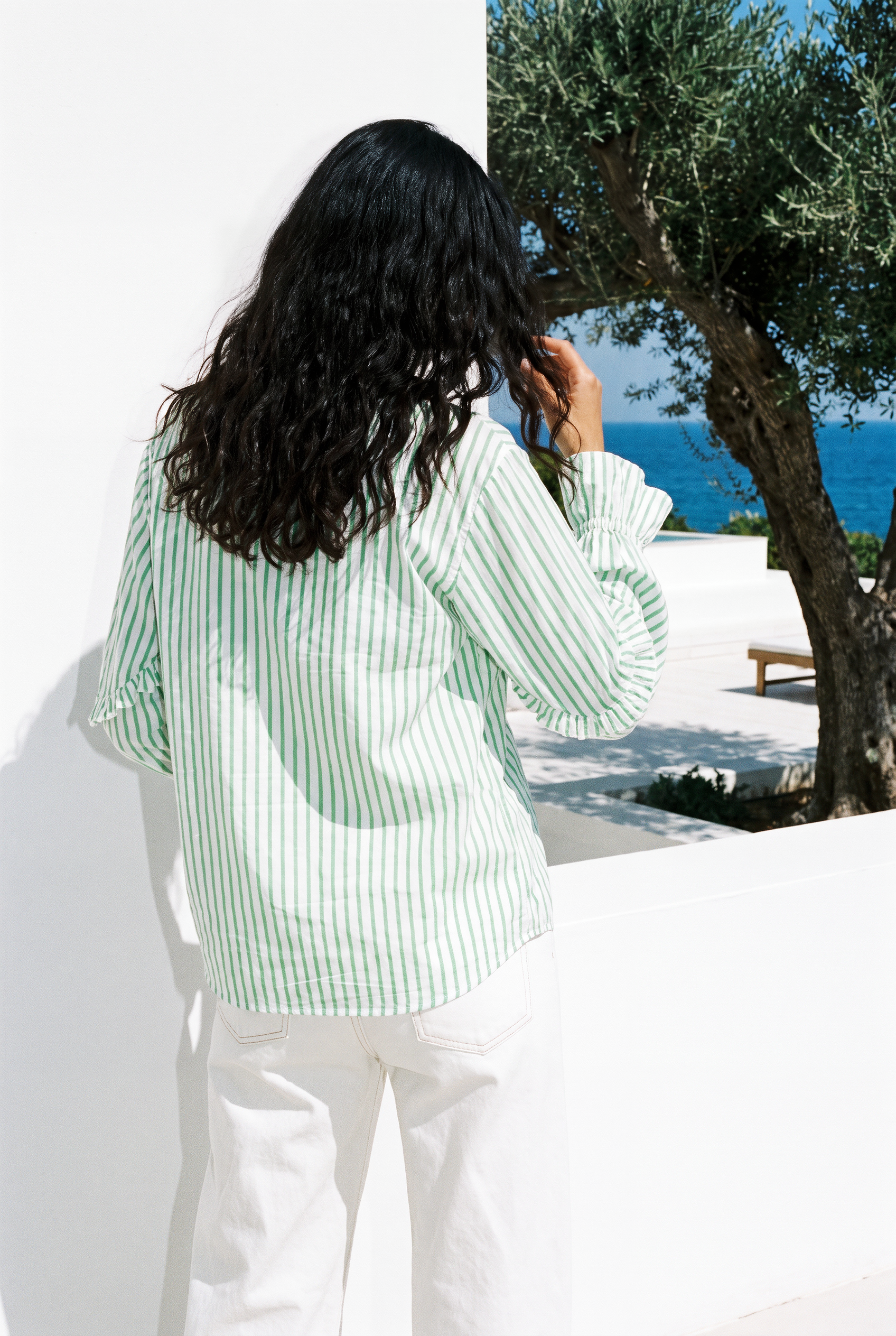 Green Stripe Ruffle Shirt