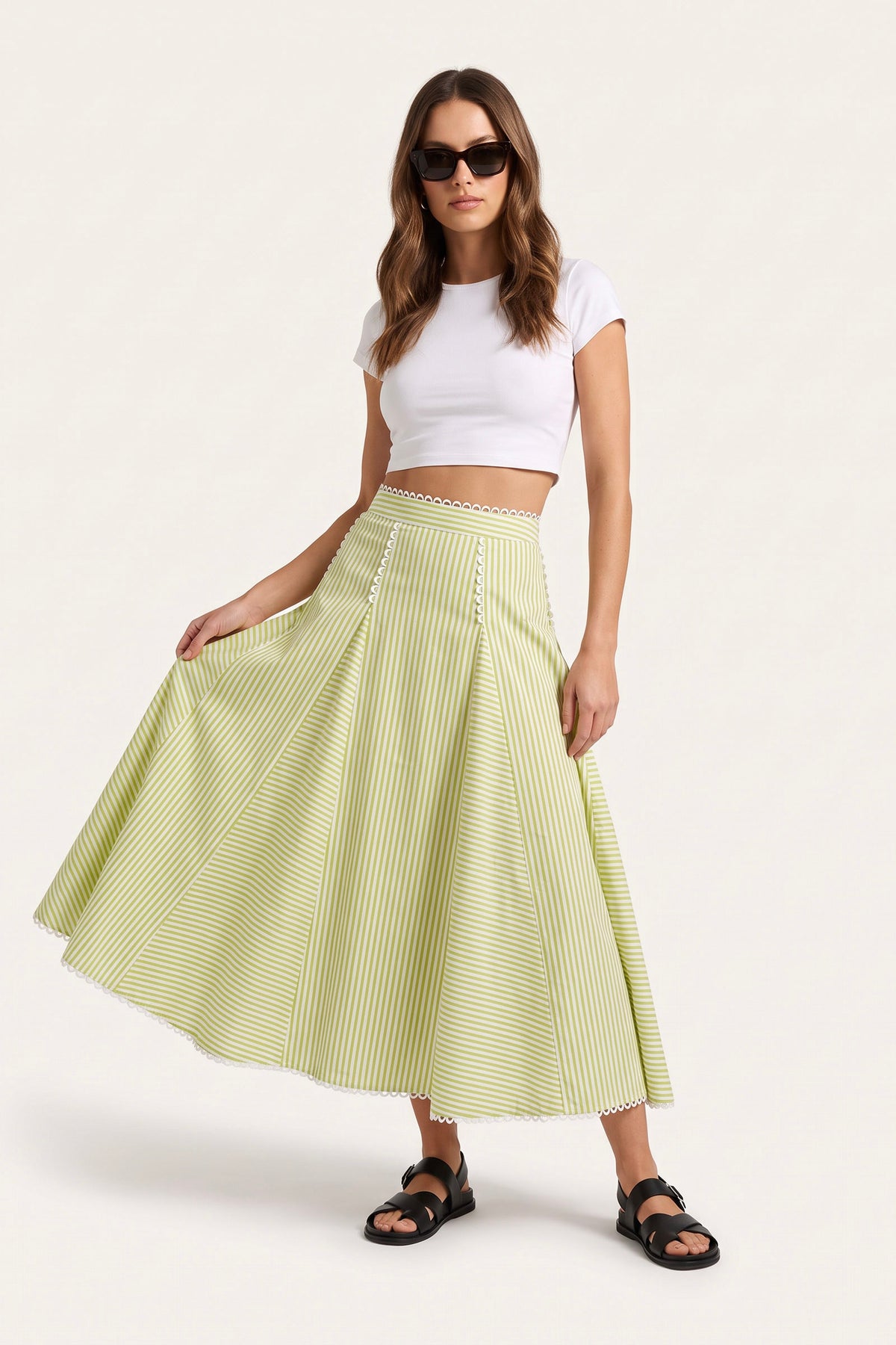 Green Stripe Cotton Pleated Midi Skirt with Scallop Trim
