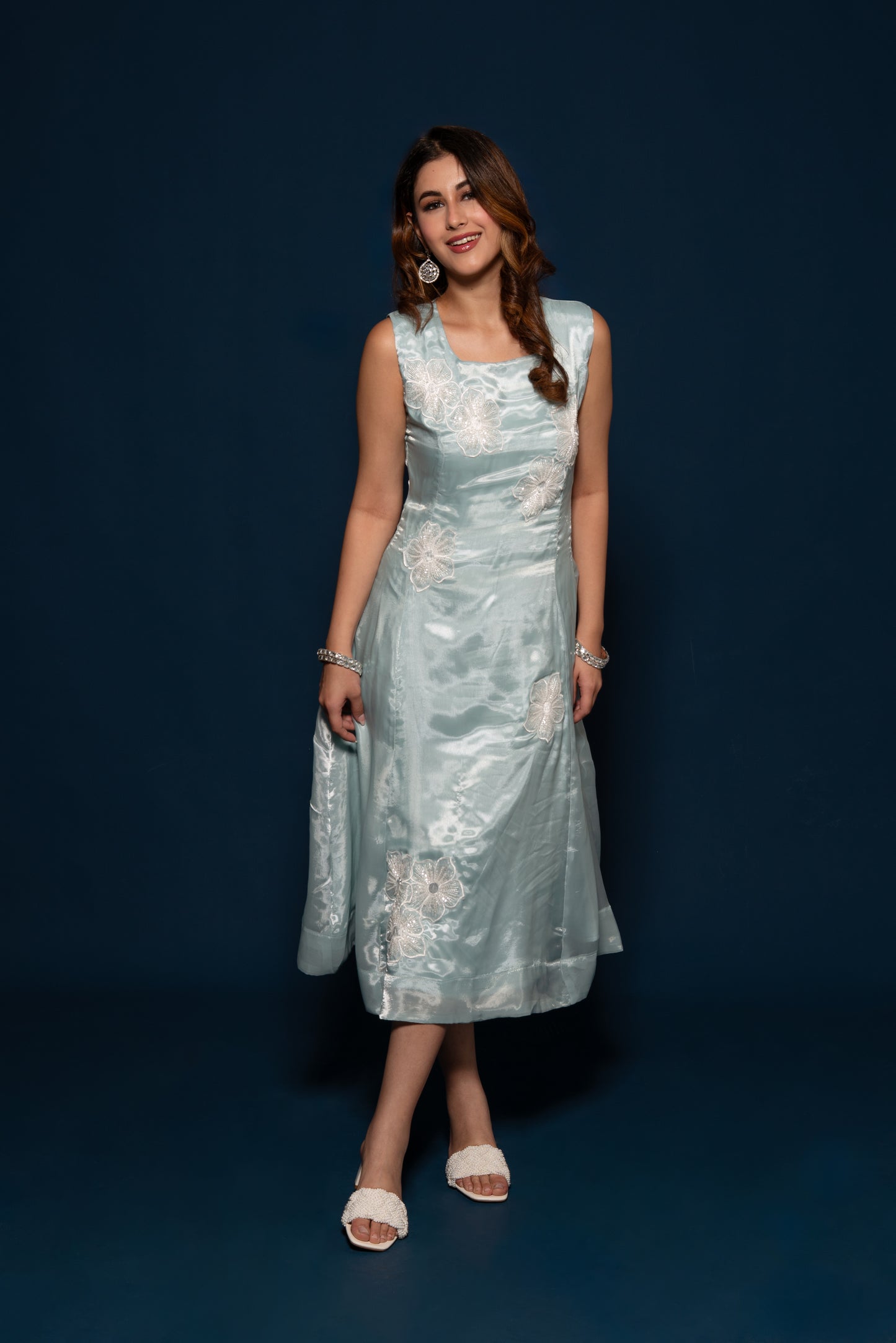 Teal Organza Embroidered Dress