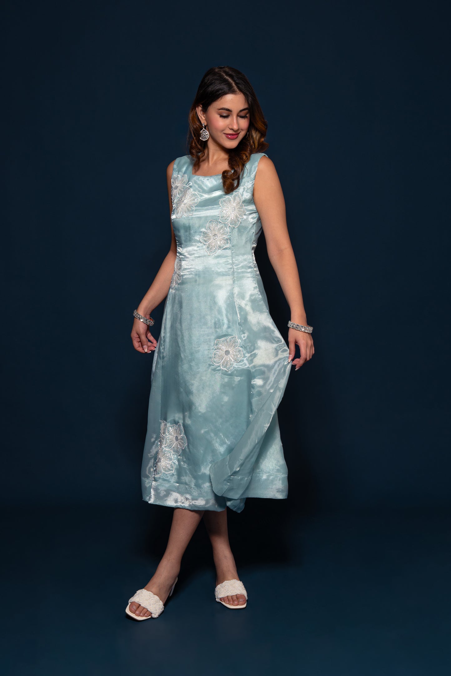 Teal Organza Embroidered Dress