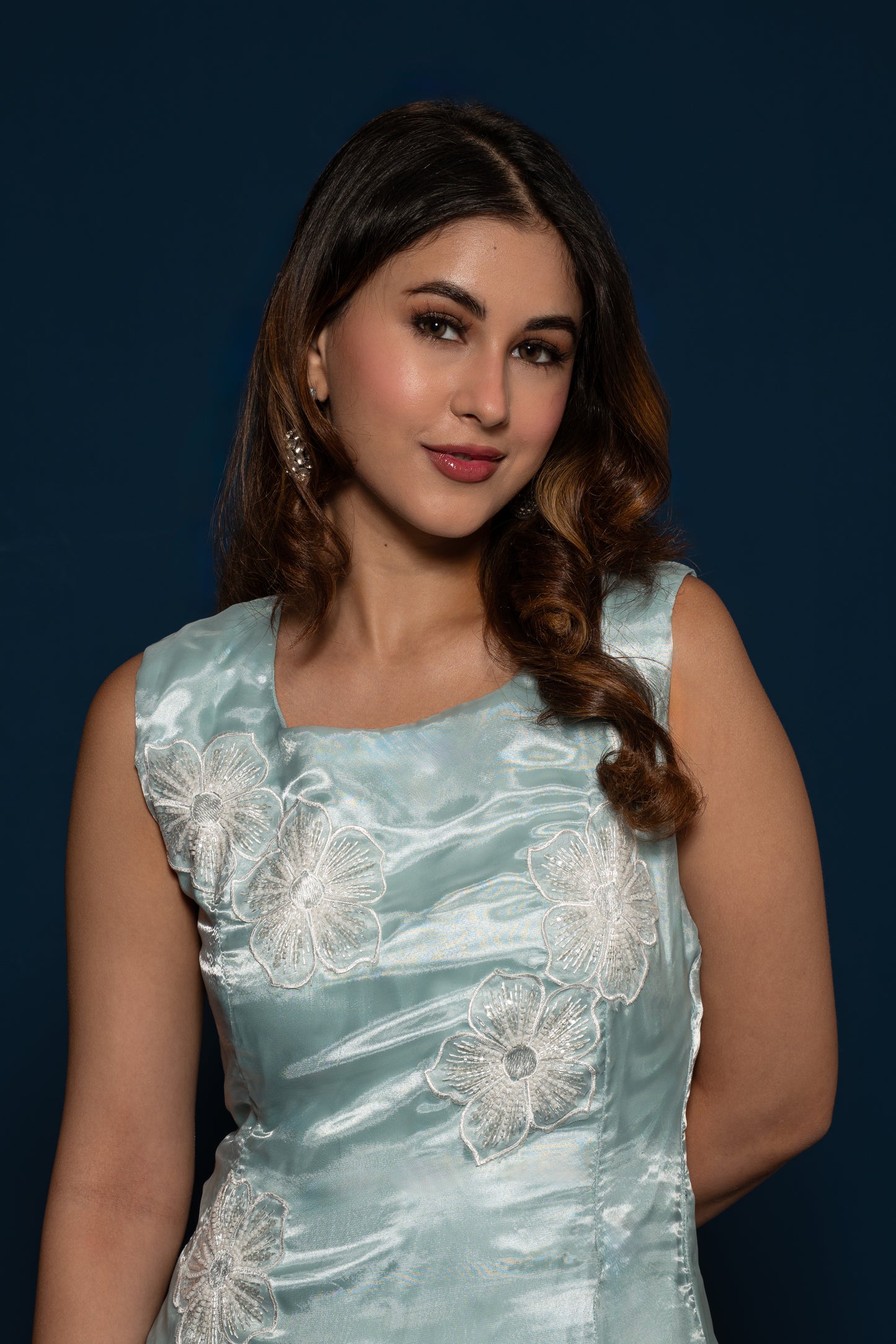 Teal Organza Embroidered Dress