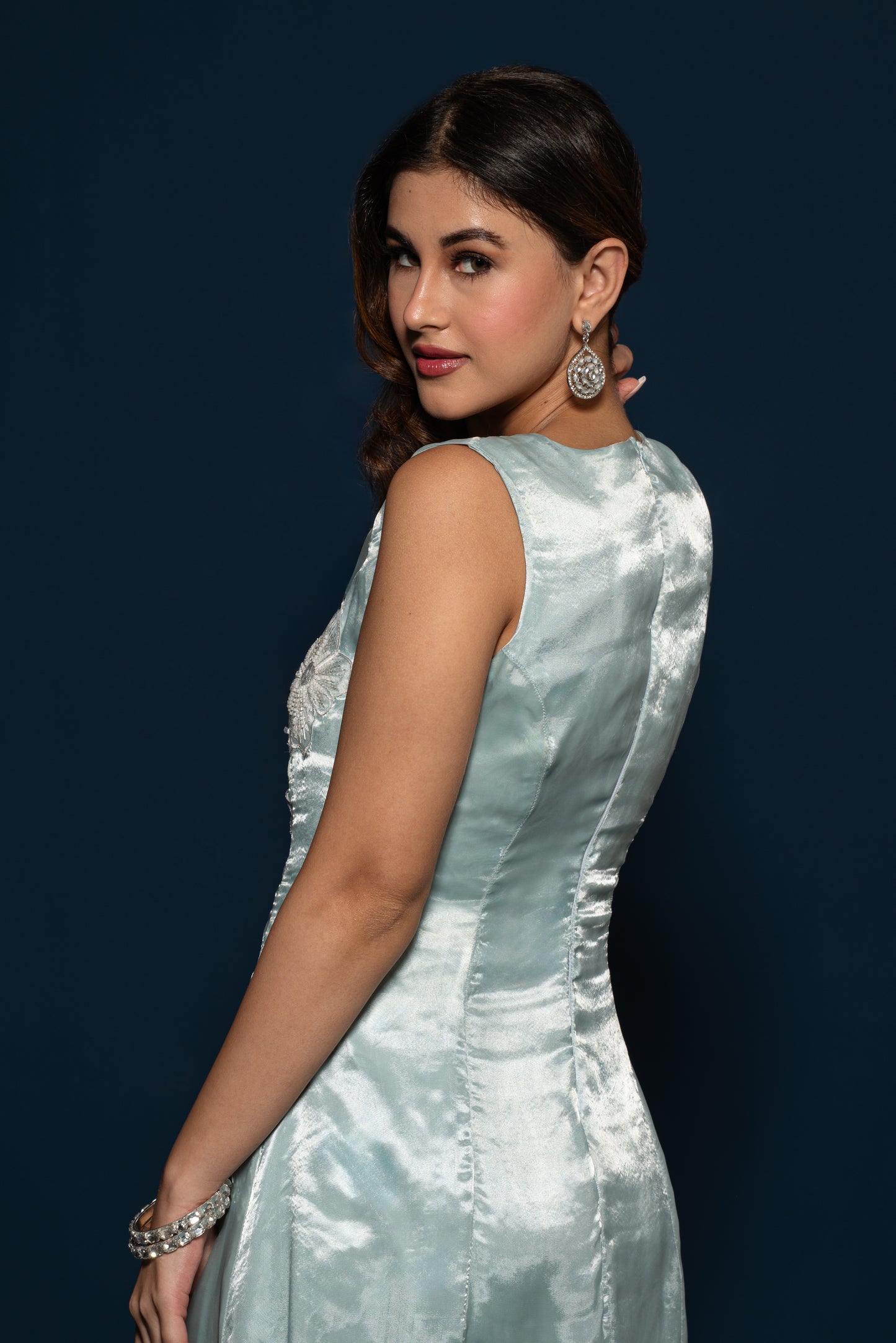 Teal Organza Embroidered Dress