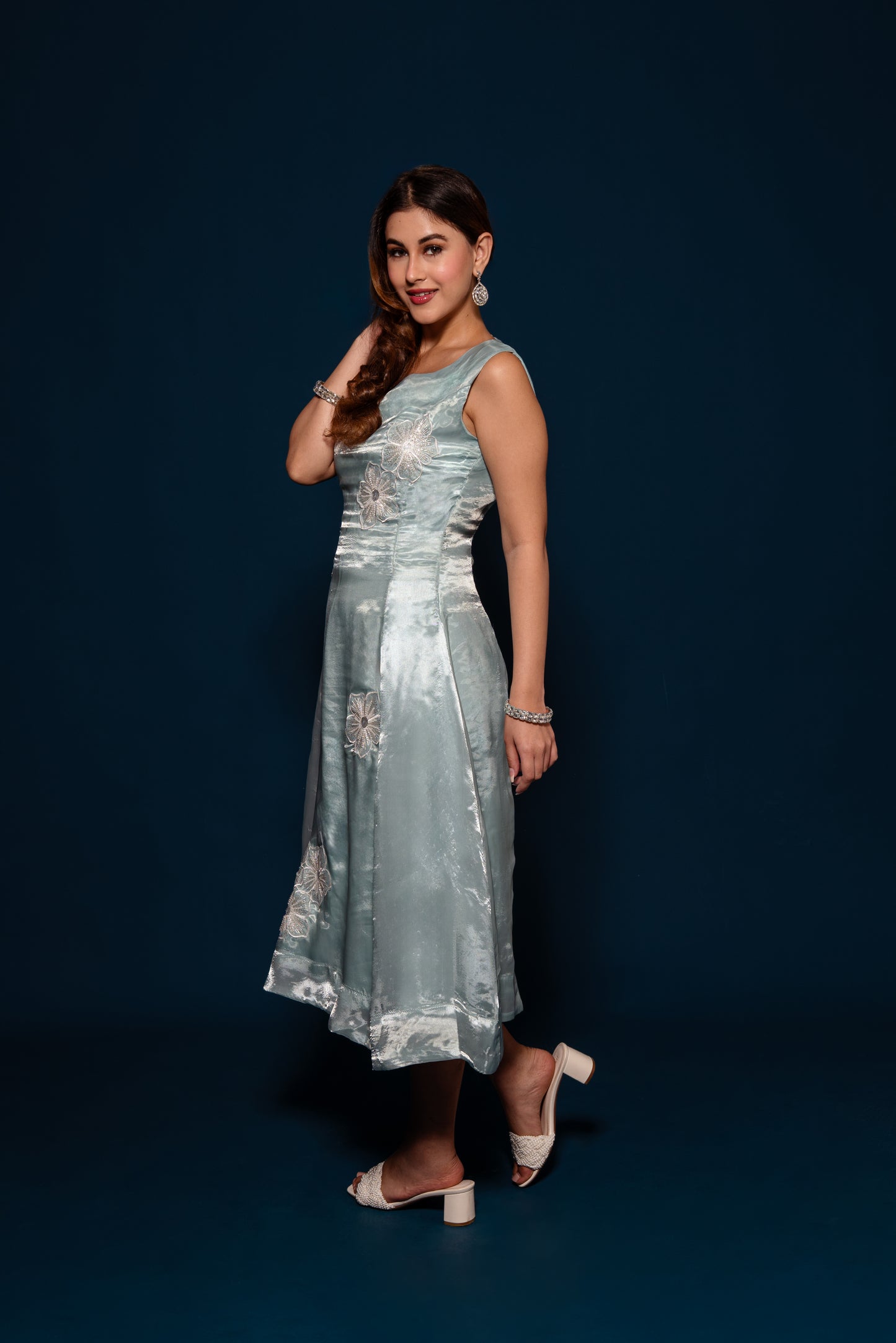 Teal Organza Embroidered Dress