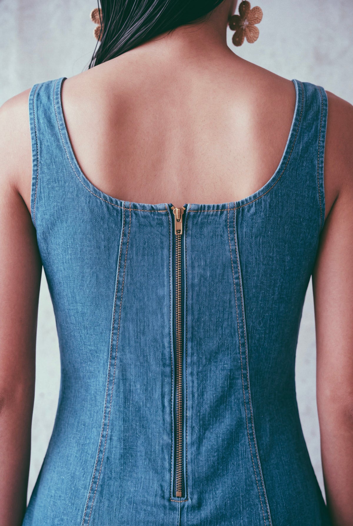 Blue Denim Princess Seam Fitted Midi Dress