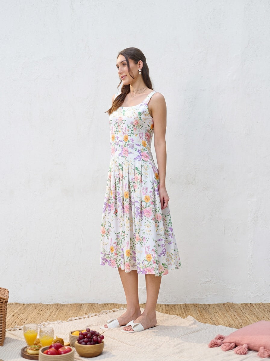 Ivory Floral Print Midi Dress