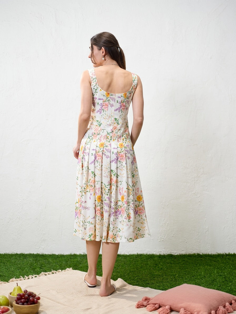 Ivory Floral Print Midi Dress