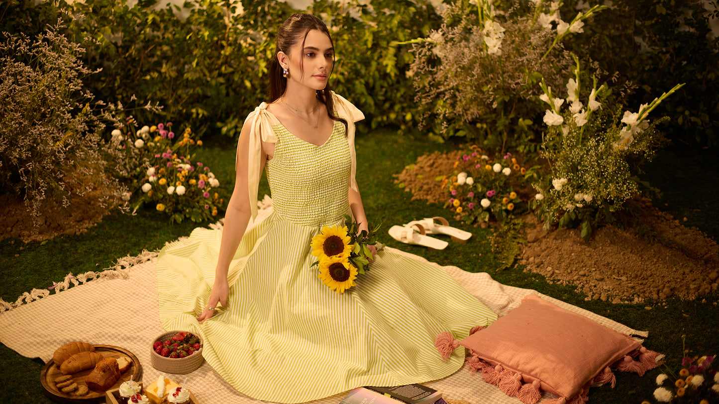 Lime Blossom Tie-Up Midi Dress