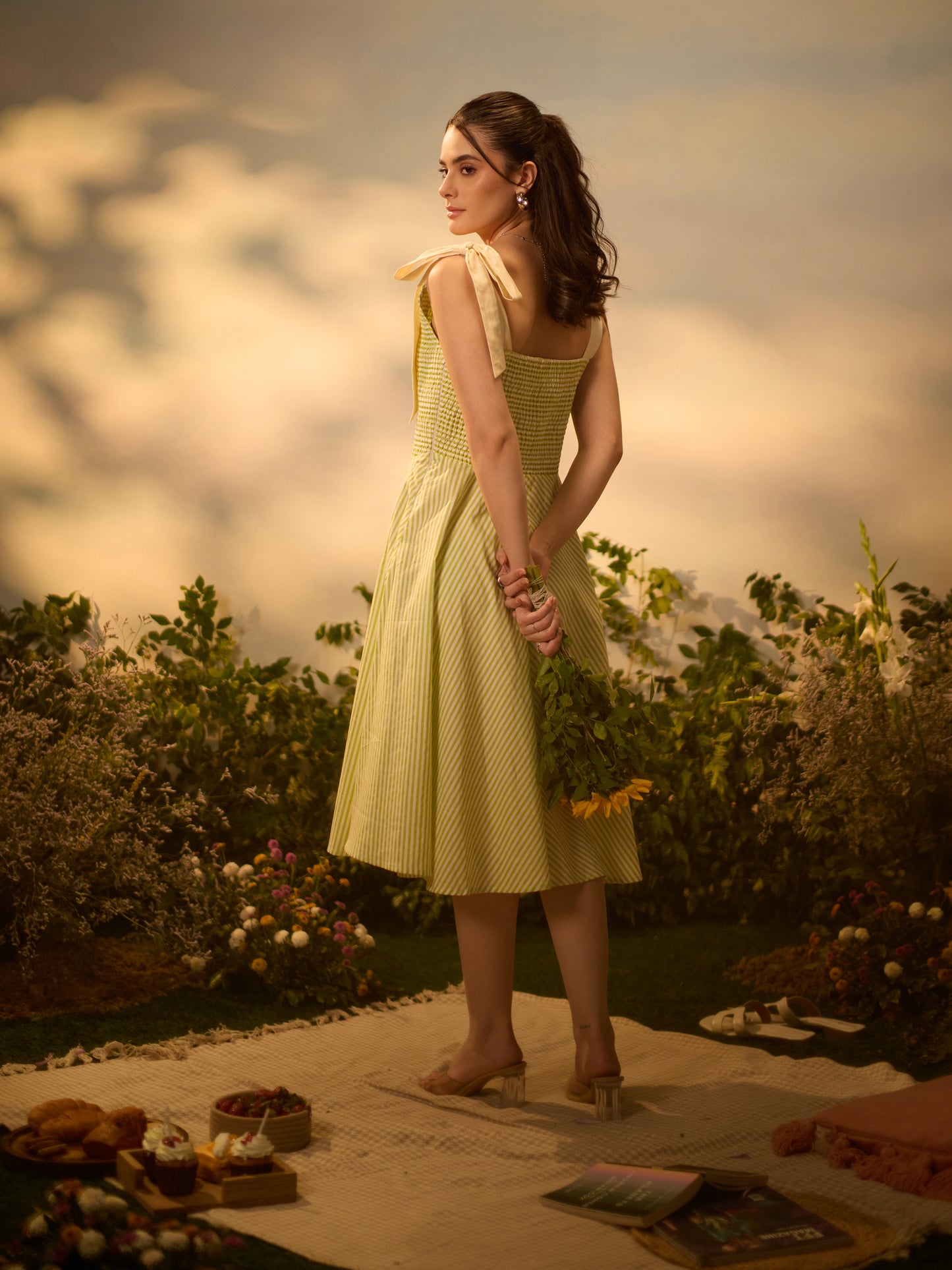 Lime Blossom Tie-Up Midi Dress