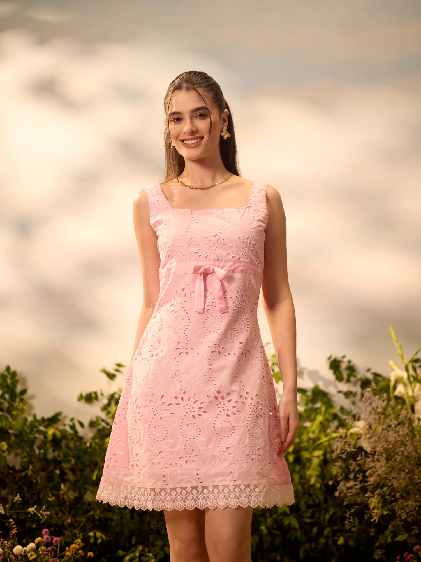 Blushfield pink-bow short dress