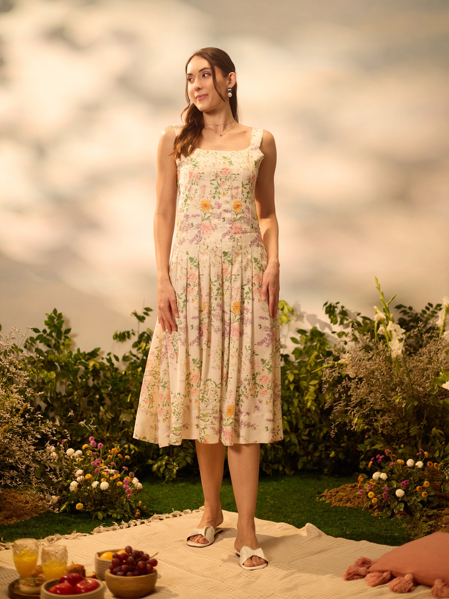 Ivory Floral Print Midi Dress