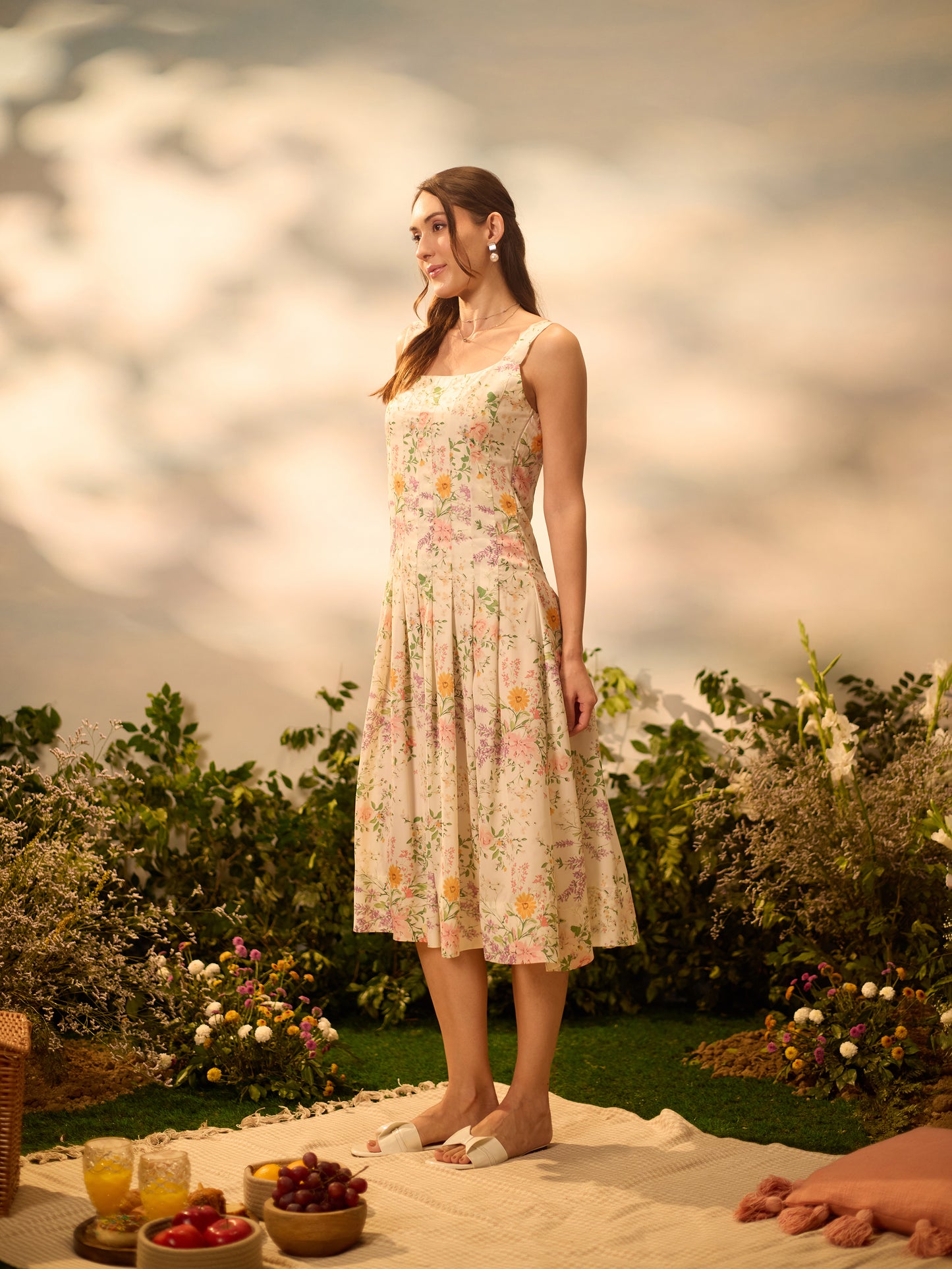 Ivory Floral Print Midi Dress