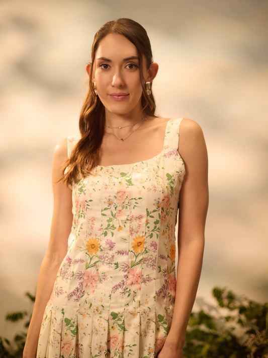 Ivory Floral Print Midi Dress