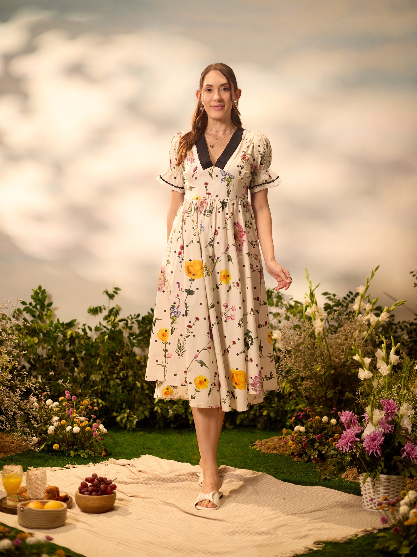 Pearl Garden bow-tie cotton maxi dress