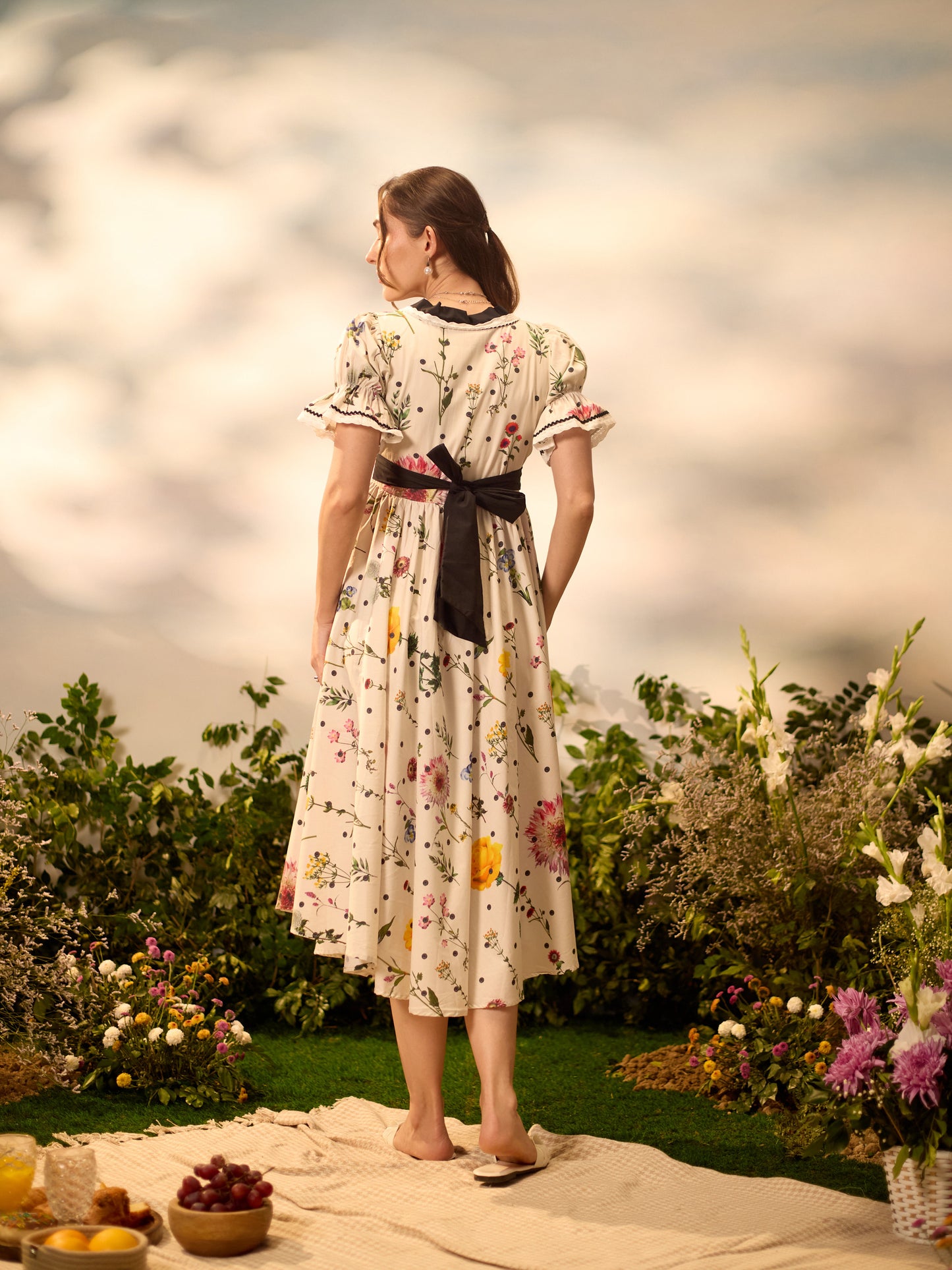 Pearl Garden bow-tie cotton maxi dress