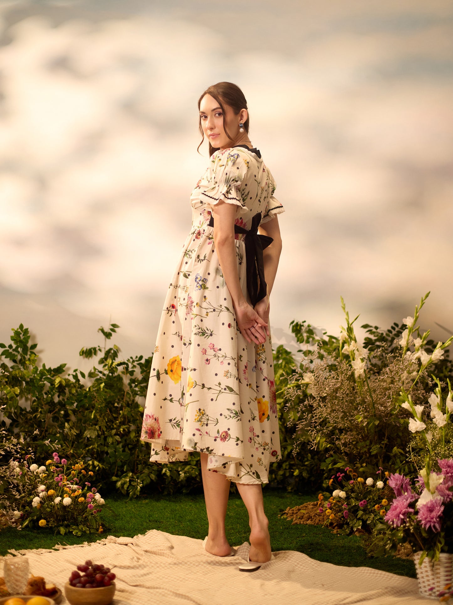 Pearl Garden bow-tie cotton maxi dress