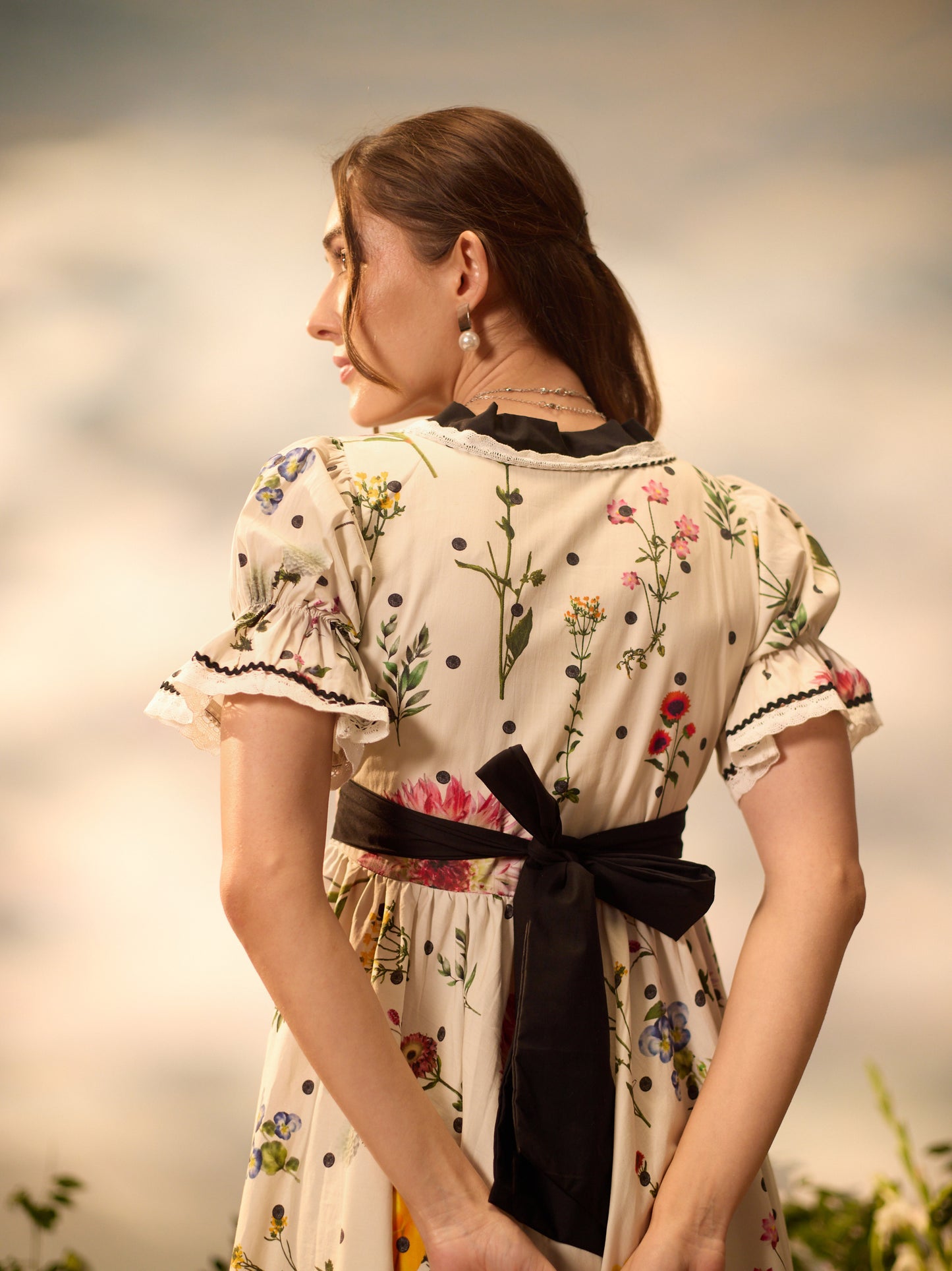 Pearl Garden bow-tie cotton maxi dress