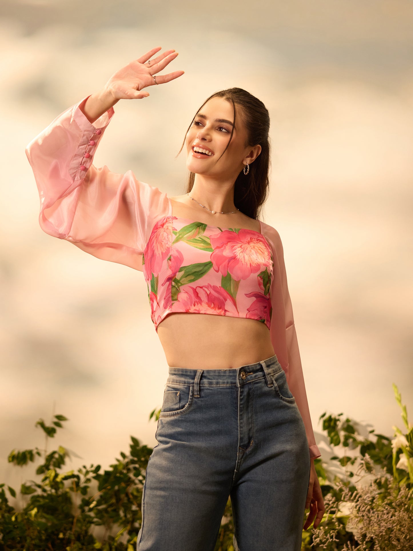 Peony Whisper Tie-Back Crop Top