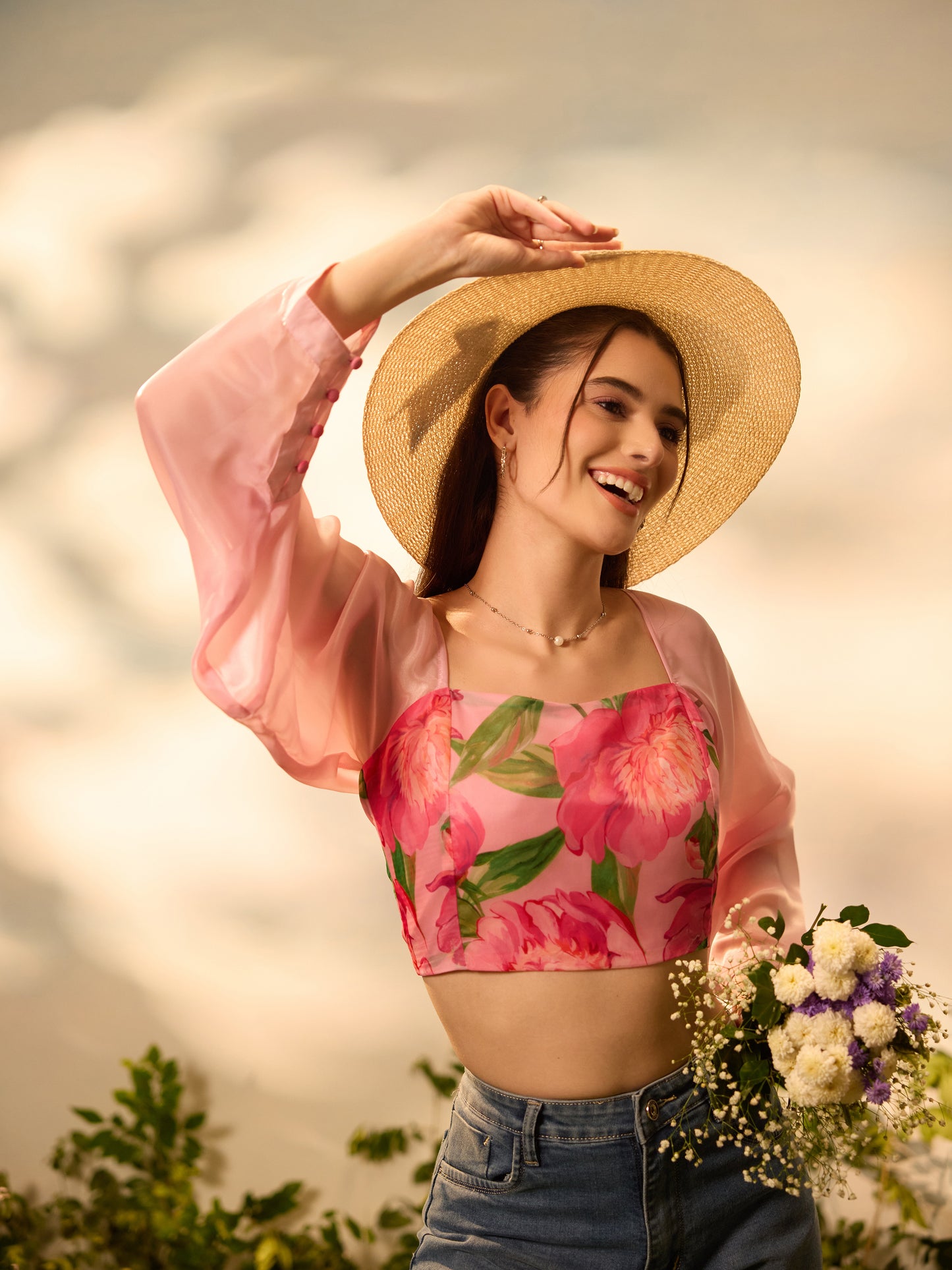 Peony Whisper Tie-Back Crop Top