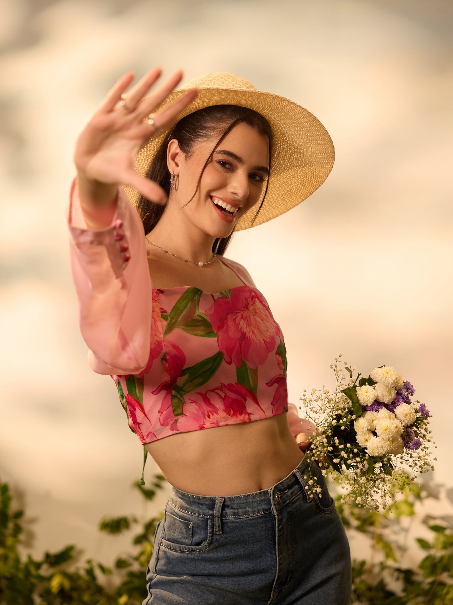 Peony Whisper Tie-Back Crop Top
