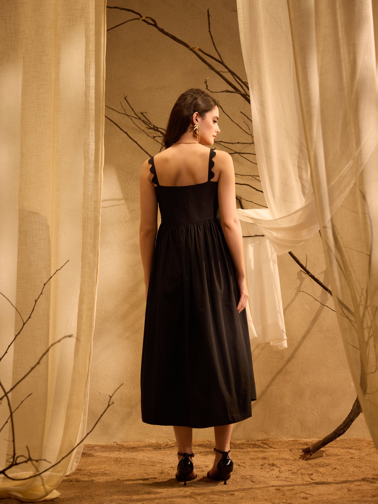 The Black Scalloped Midi Dress