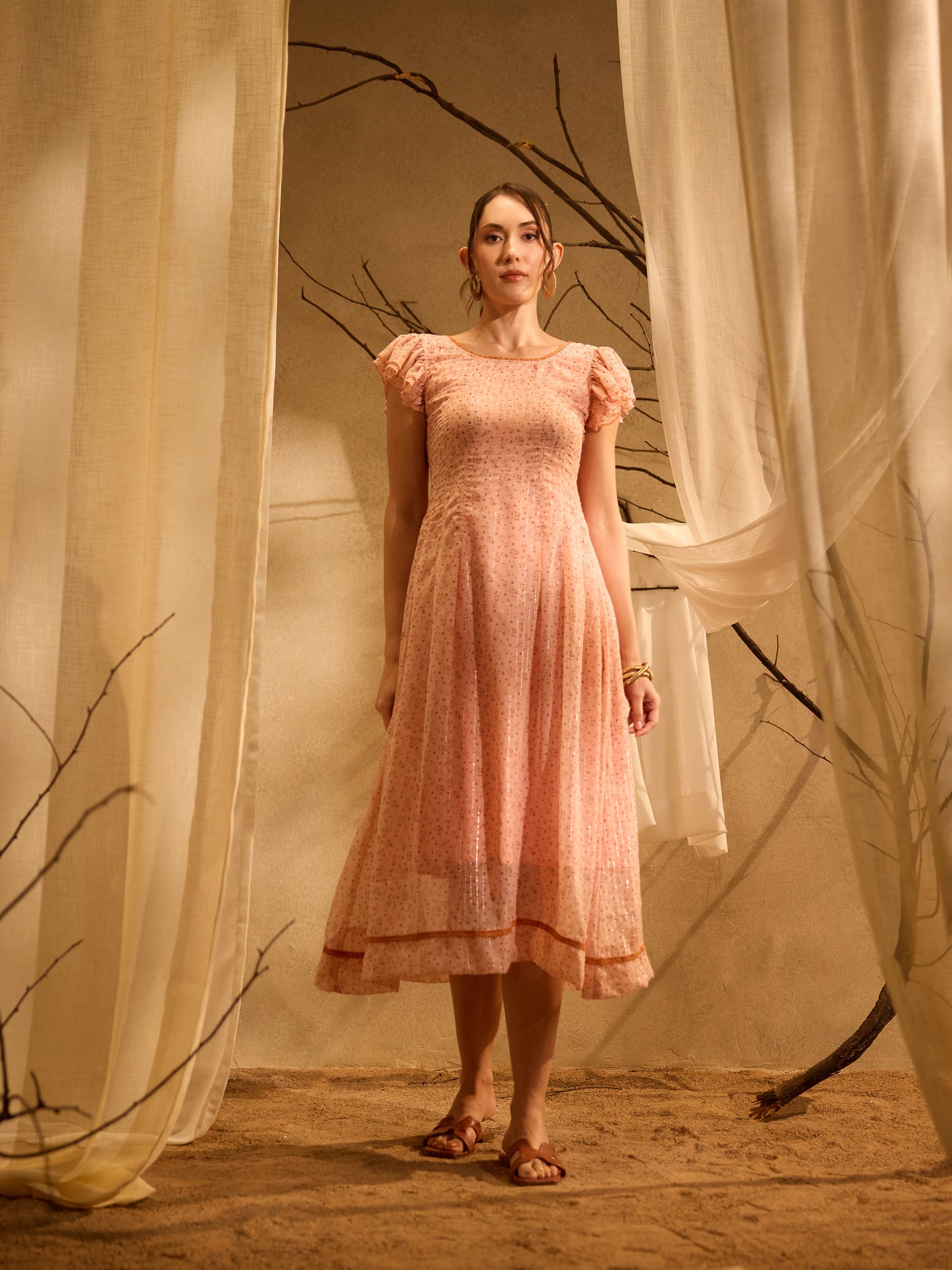 Peach Ruffle Sleeve Lace-Up Dress