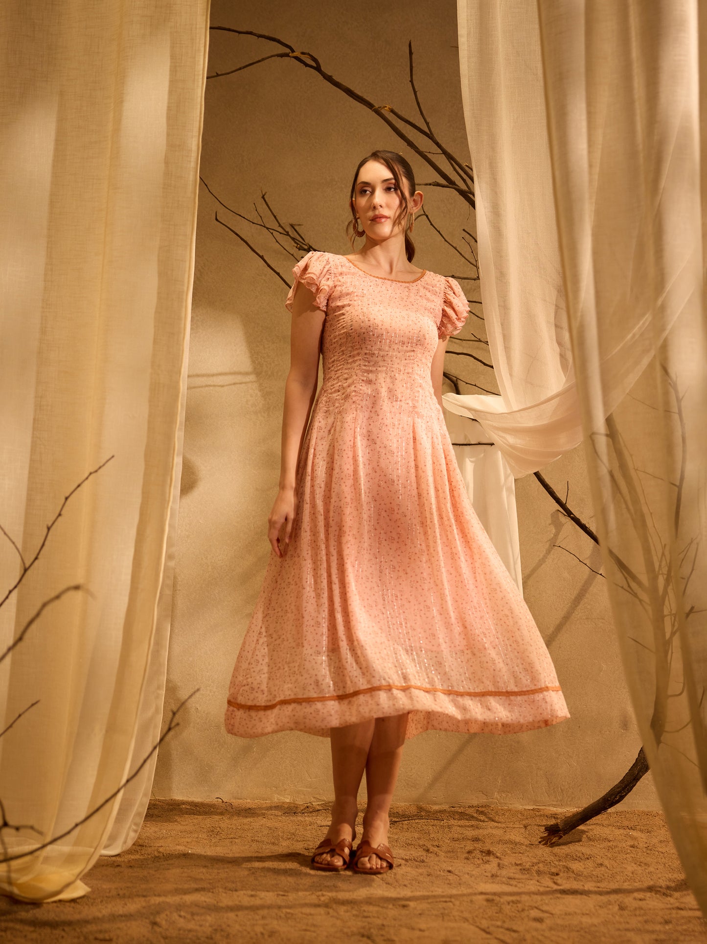 Peach Ruffle Sleeve Lace-Up Dress