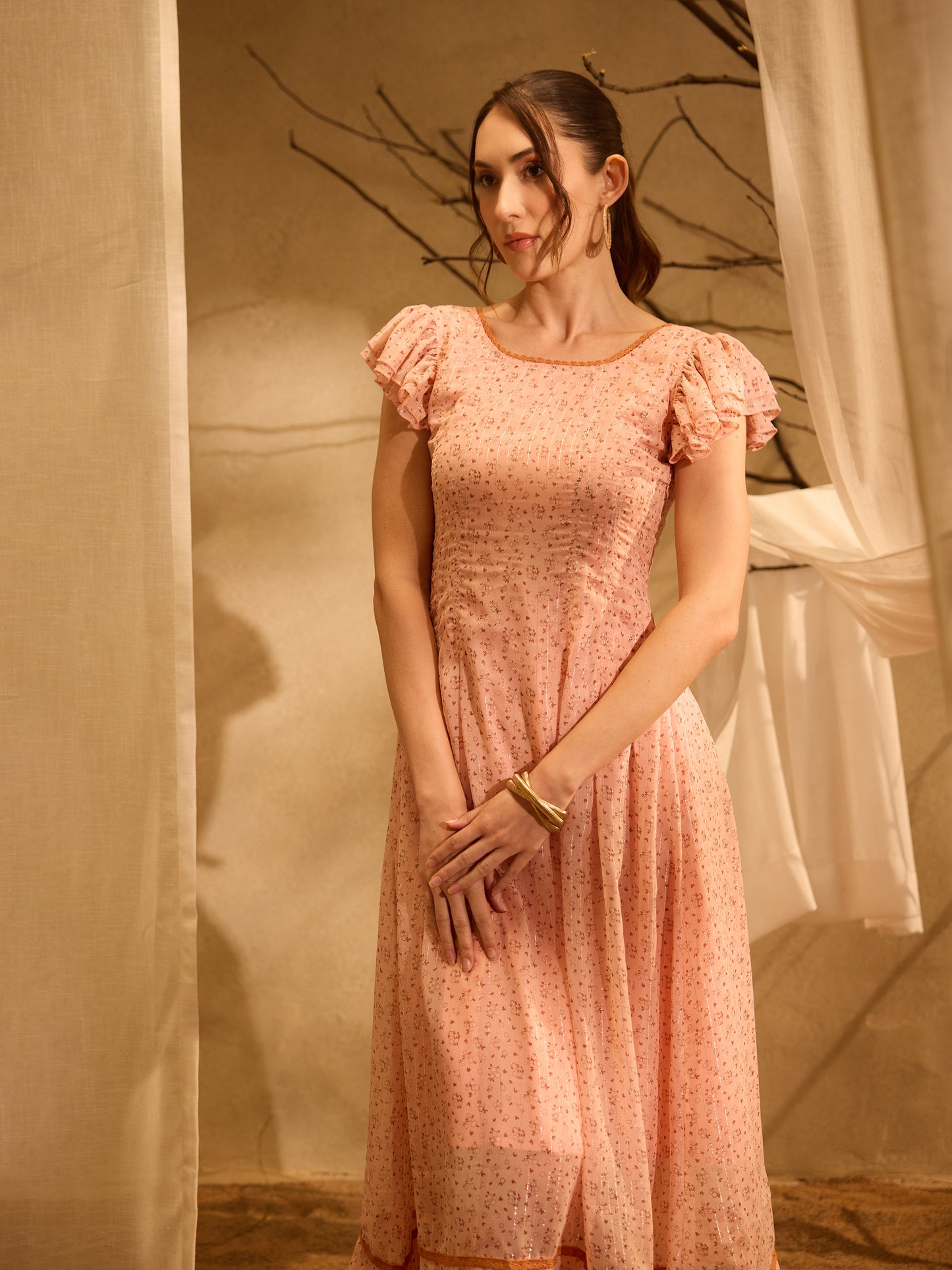 Peach Ruffle Sleeve Lace-Up Dress