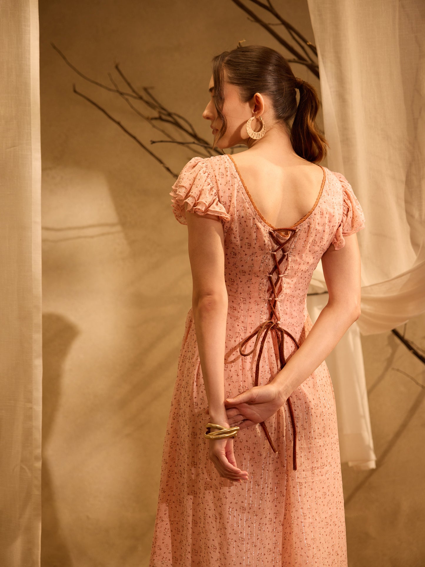 Peach Ruffle Sleeve Lace-Up Dress