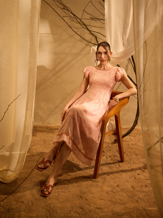 Peach Ruffle Sleeve Lace-Up Dress